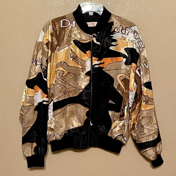 Vtg Candy Nelson Silk Bomber Jacket French Art Full Zip Satin Gold Brown Med/Lrg - Picture 1 of 5